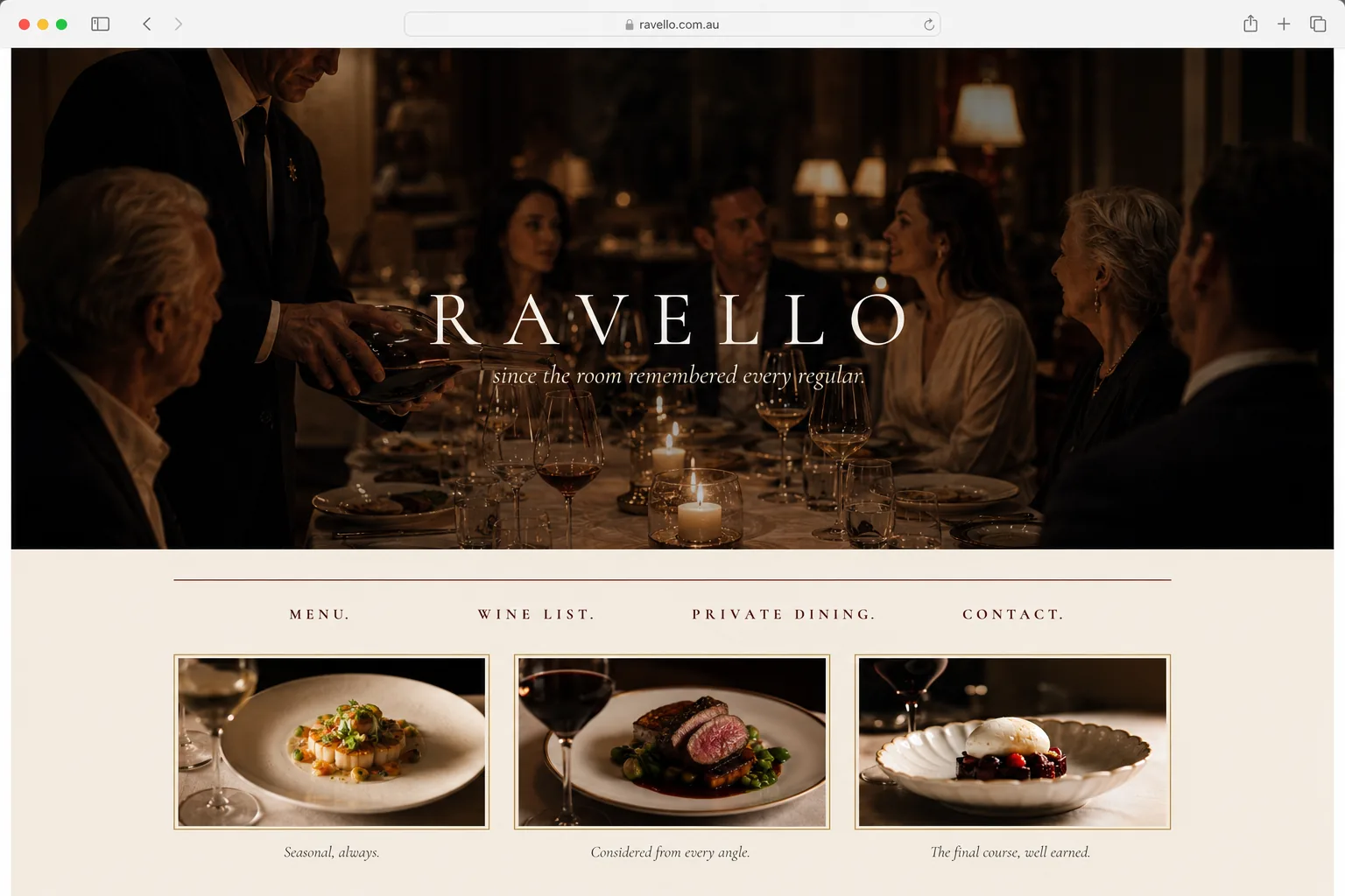 The Editorial Heritage skin. Sandstone and oxblood prestige fine dining website with full-bleed cinematic photography of a tableside service moment.