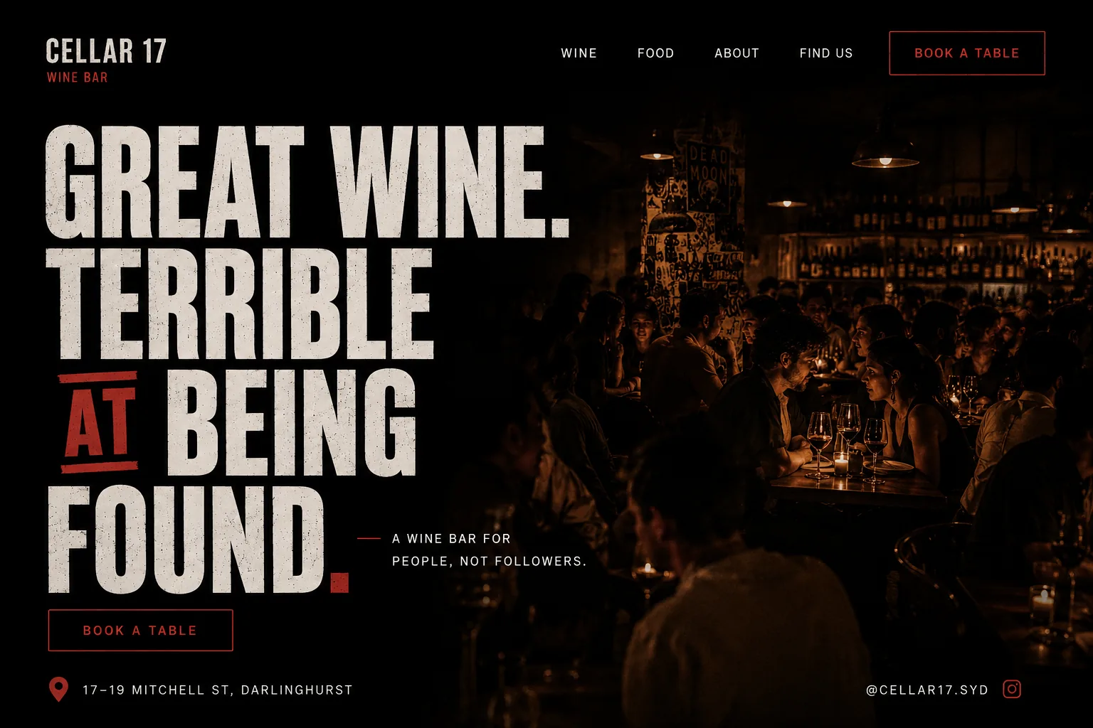 The Bar skin. Cinematic dark wine bar and speakeasy cocktail bar website mockup with candlelight, walnut, brass, and oxblood.