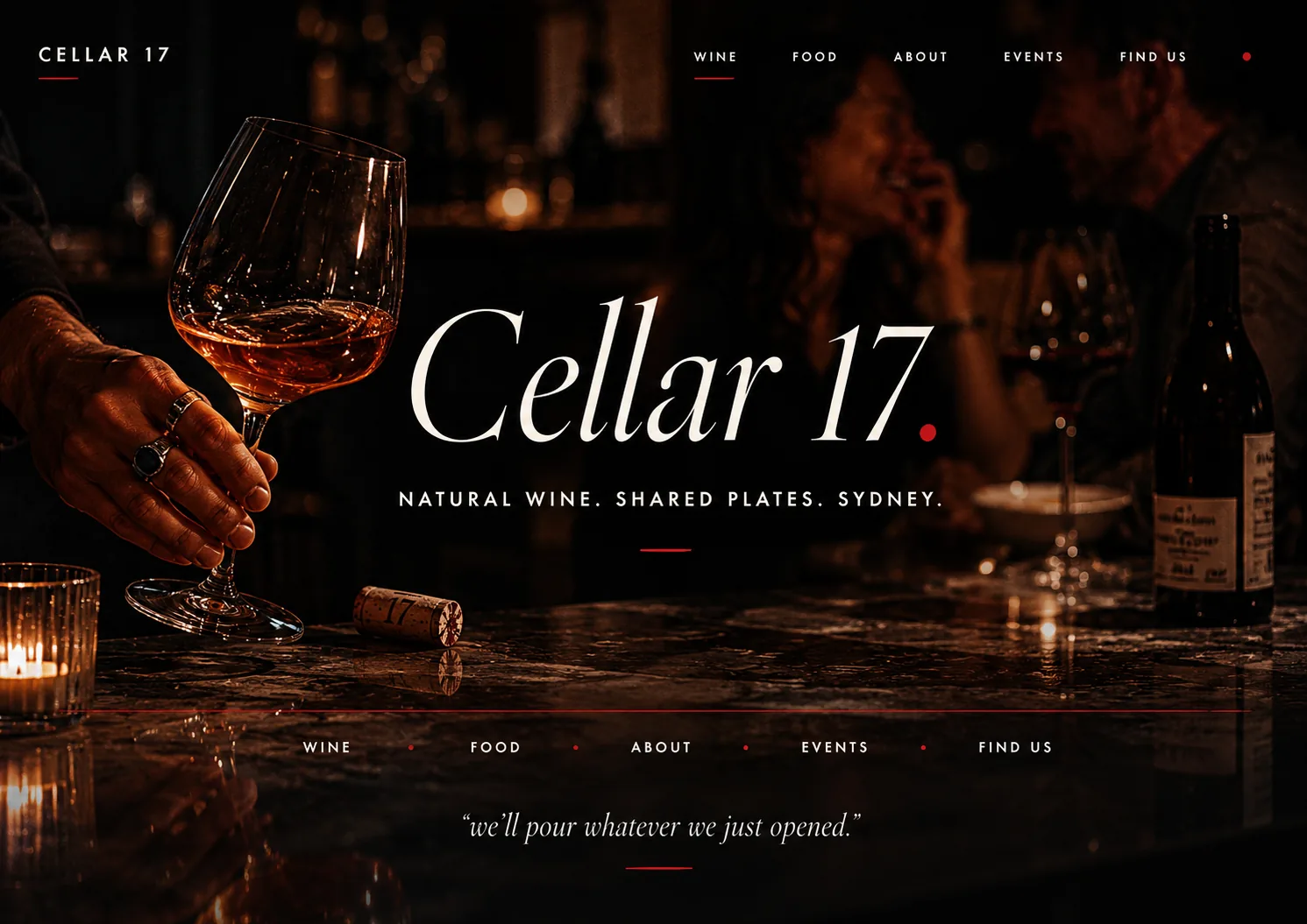 The Bar Wine skin. Cinematic concrete-slate dark wine bar website with candlelight glow, oxblood accent, and refined italic serif headline.