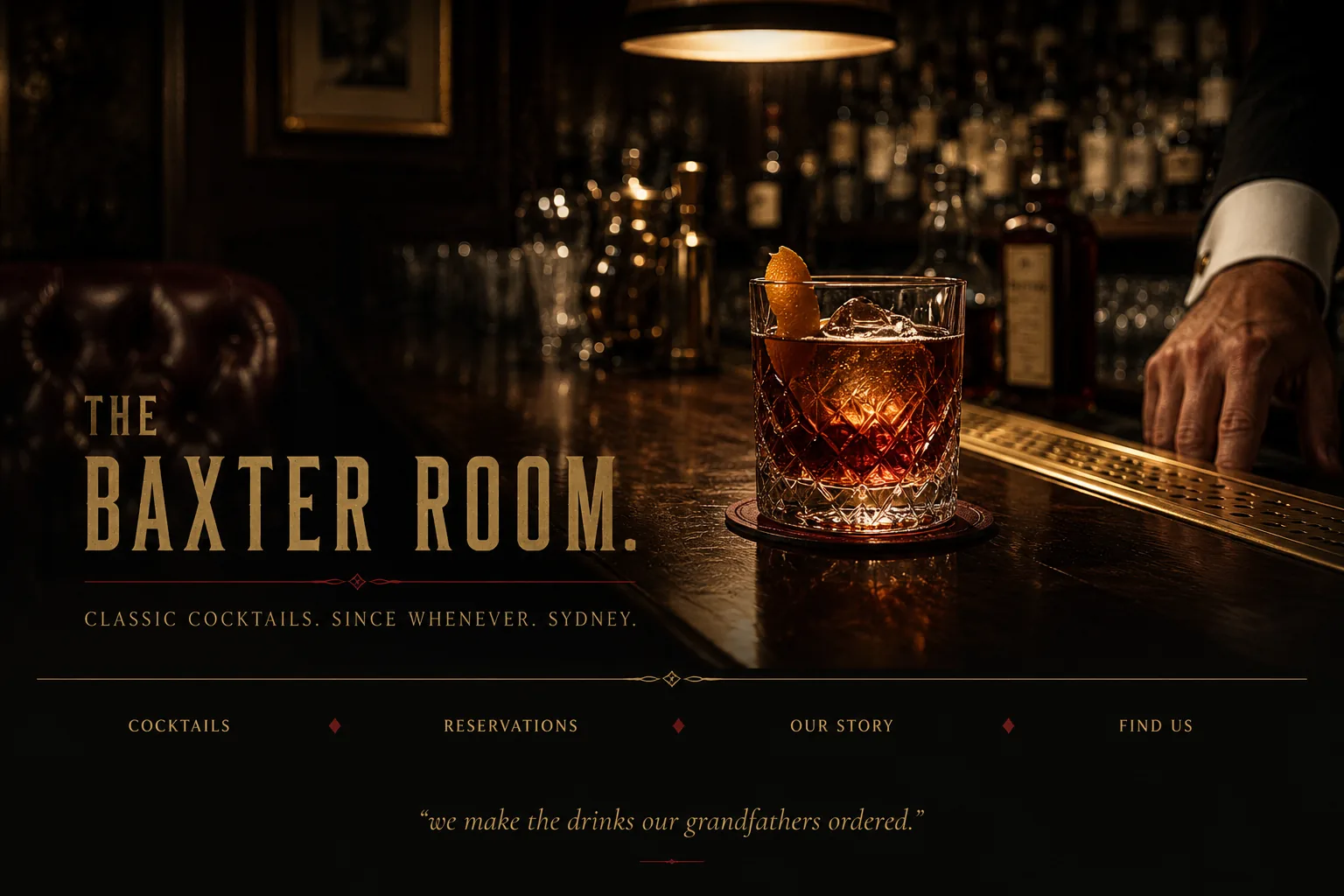 The Bar Cocktail skin. 1920s back-room speakeasy website with walnut, brass, and leather, pendant pool over a classic cocktail on the bar.