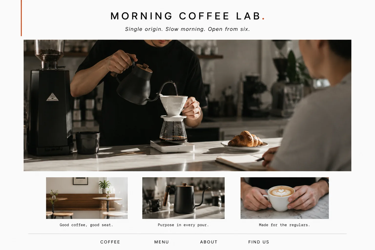 The Cafe Minimal skin. Crisp Scandi-minimal specialty coffee shop website with disciplined whitespace, a single terracotta accent, and a barista mid-pour.