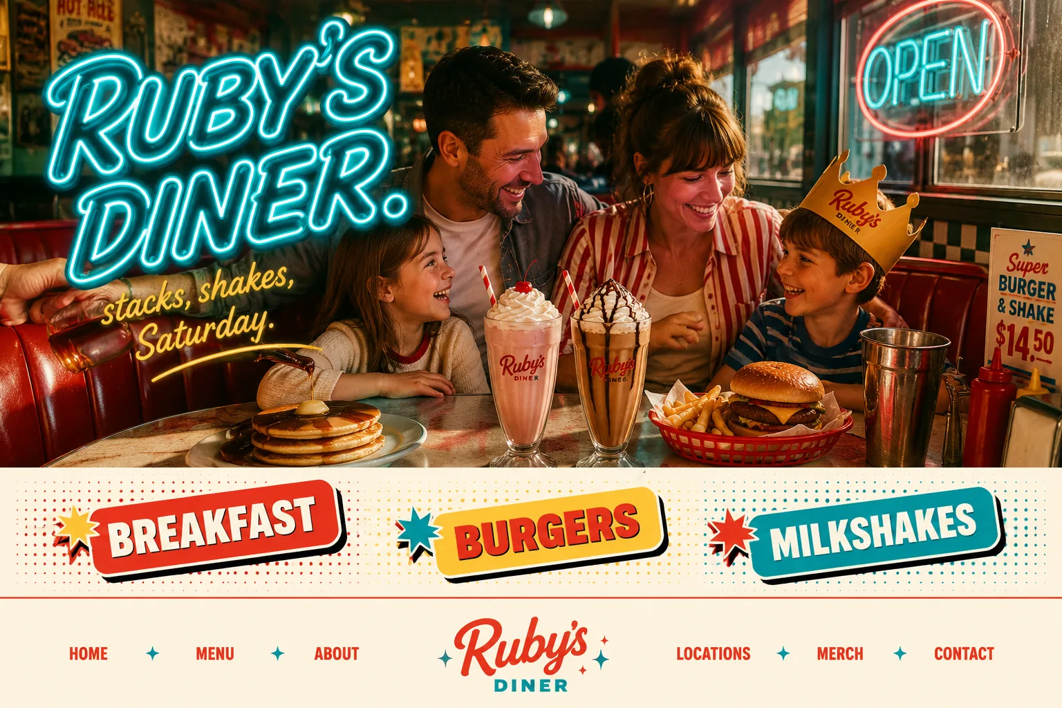 The Weekend skin. Neon americana diner website with chunky retro signage, halftone backgrounds, and a family booth scene at full glow.