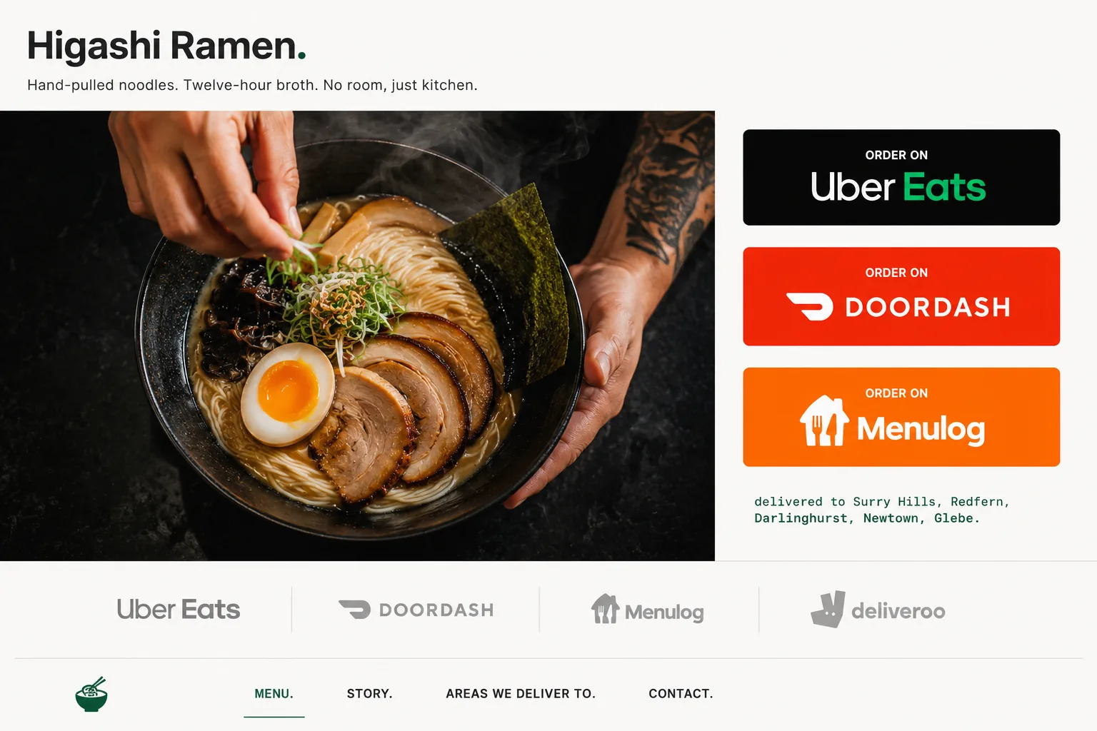 The Feed Dark Kitchen skin. Commerce-first off-white delivery website with stacked Uber Eats DoorDash Menulog order buttons beside a top-down ramen hero.