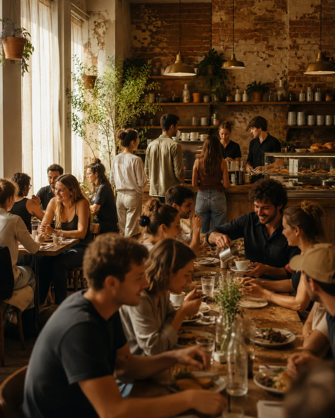 The same Sydney cafe packed and thriving at peak brunch. Tables full, baristas working, plates landing, the room alive with energy.