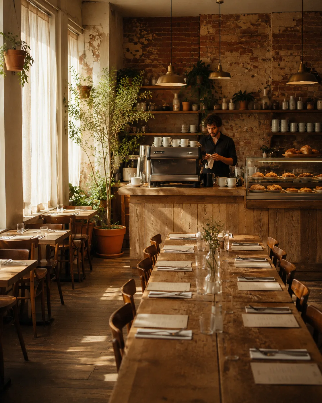 An empty independent Sydney cafe at peak brunch time. Tables set, espresso machine ready, a single barista wiping a milk jug. The best place no one has heard of.