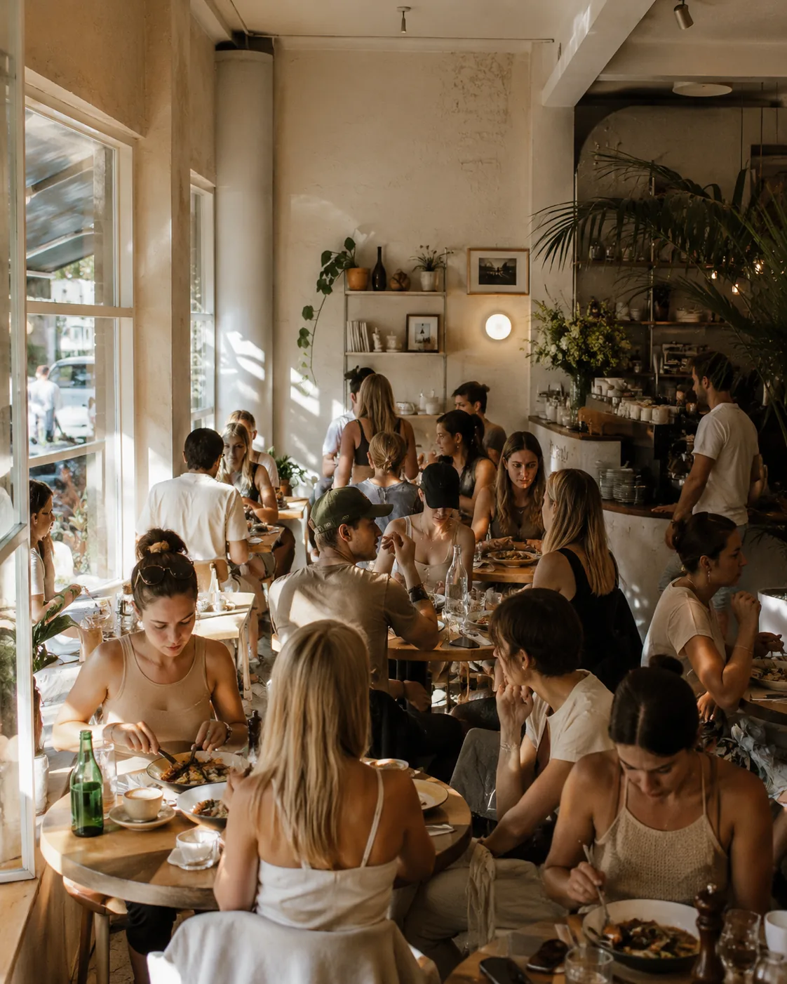 A packed sunny Sydney cafe at lunch. Every table full, plates of food, natural light, real diners enjoying themselves.