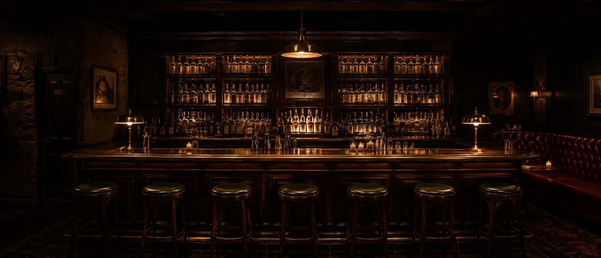 The full back bar at 9pm: bottles on brass shelving, bartender mid-stir at centre, pendant pools on walnut, room at service.