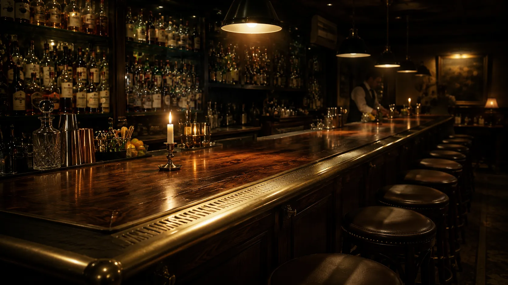 Walnut bar set just before opening, stools lined, candles lit, brass rail catching the first pendant light.