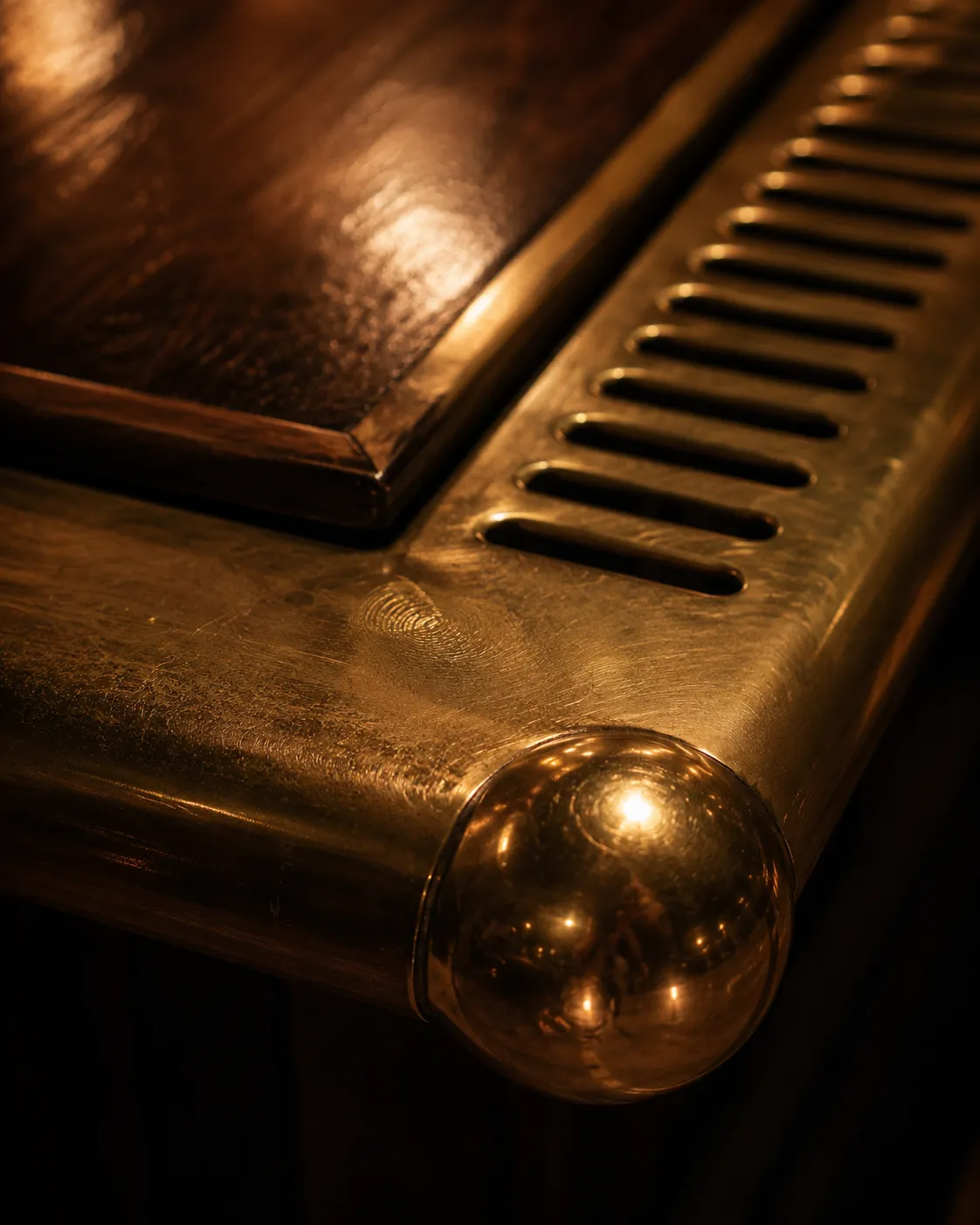 Close-up of polished brass bar rail, hand-worn at the edges, pendant pool reflected in the metal.