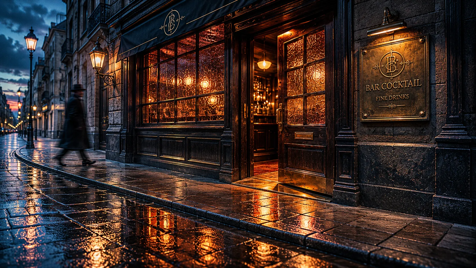 Bar exterior at dusk, brass plate beside the door, warm glow on wet footpath, passerby in soft motion blur.