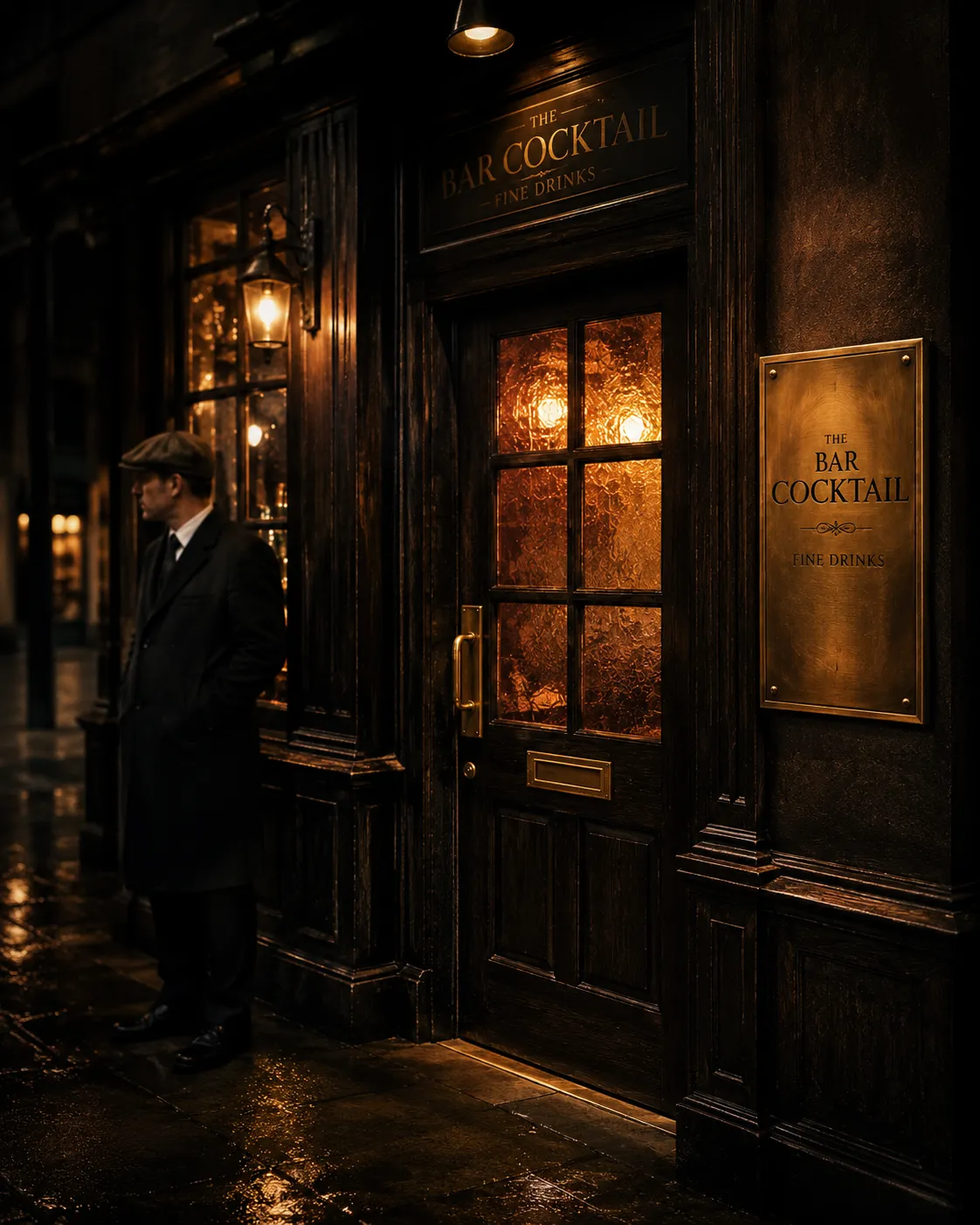 Speakeasy door at dusk, brass plate beside the entrance, warm glow through frosted glass, wet pavement below.