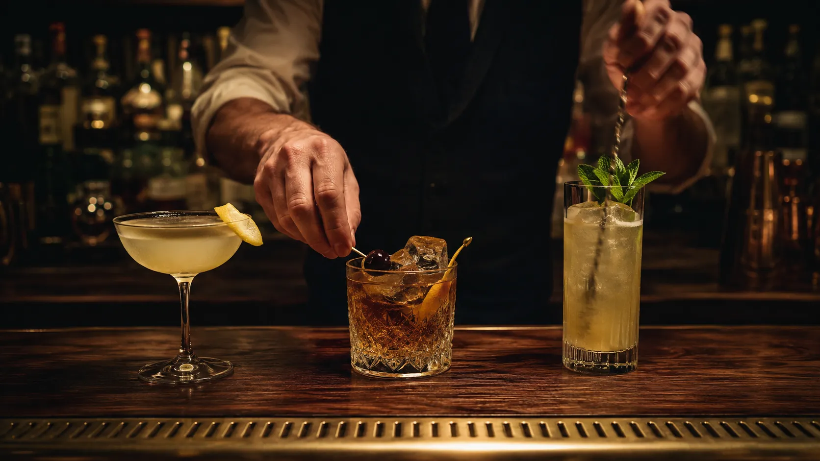 Three cocktails being built on a walnut bar, bartender hands mid-stir under pendant pool, warm brass light.