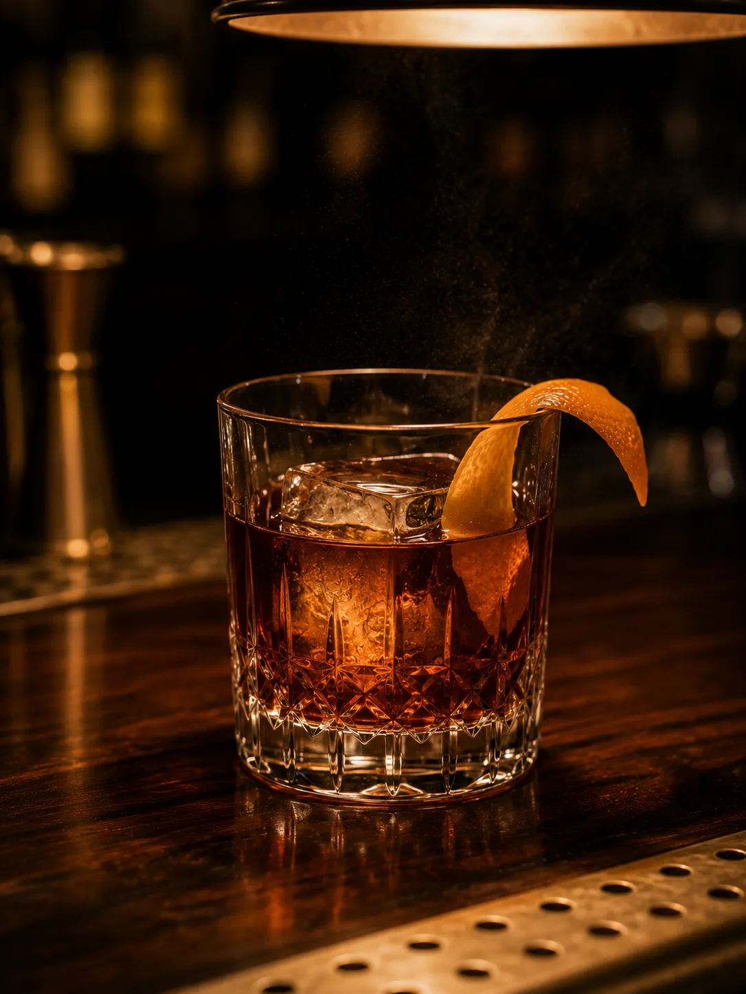 A stirred classic on a single large ice cube in a lowball glass, amber liquid catching warm pendant light on walnut bar.
