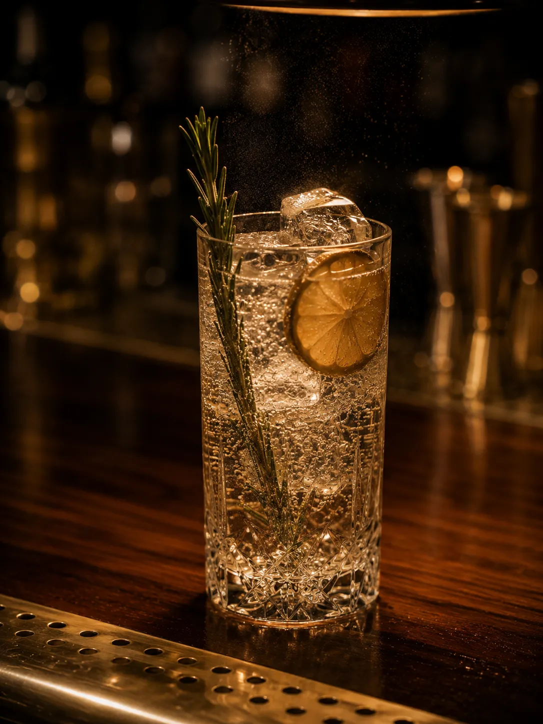 A tall highball cocktail with citrus wheel and mint sprig, bubbles rising, walnut bar and brass rail behind.