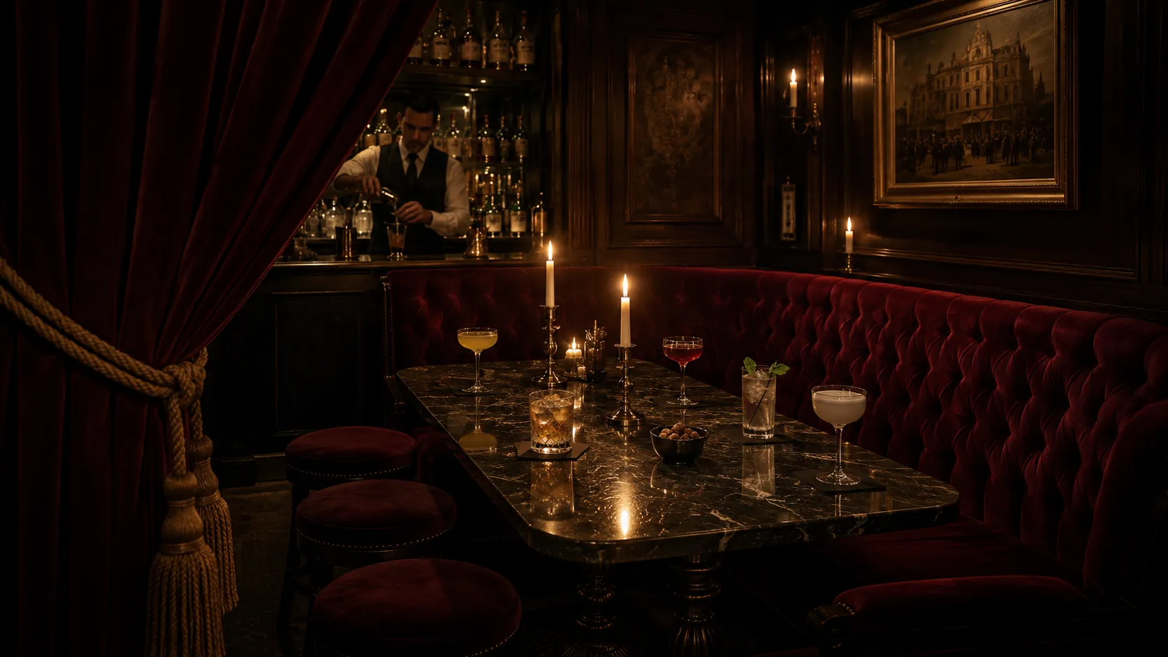 Corner snug set for six with candles down the centre, oxblood velvet and brass detail, cocktails already poured.