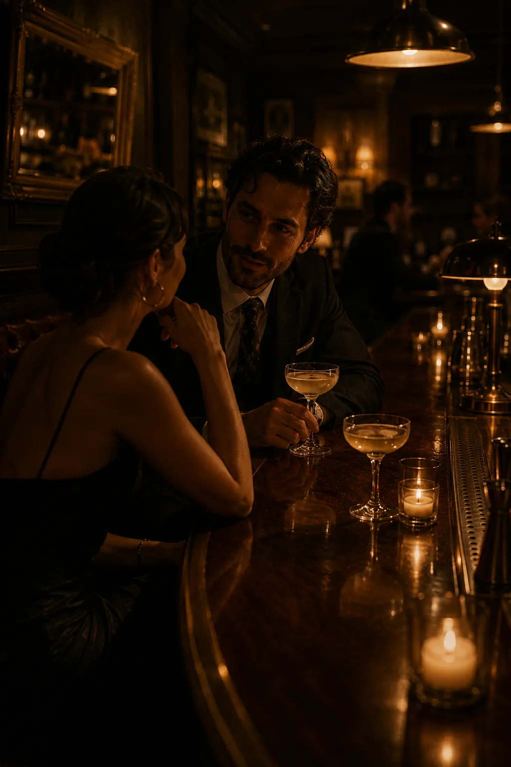 The back bar lengthwise, bottles on brass shelving, pendant pools along the walnut top, bartender silhouette at the far end.