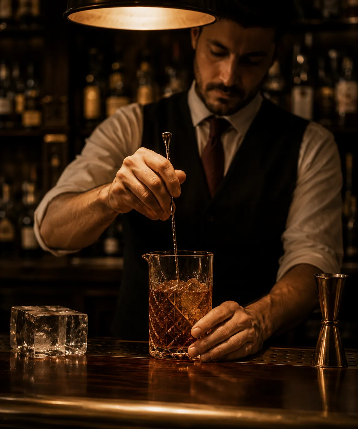 Head bartender at the pass, mid-stir with a long bar spoon, face half-shadow, brass fittings behind.