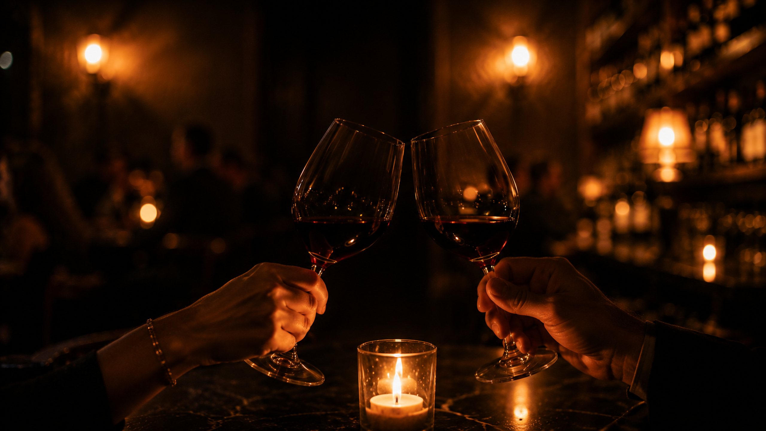 Two glasses of red wine raised low over a candle at a full late-night bar.