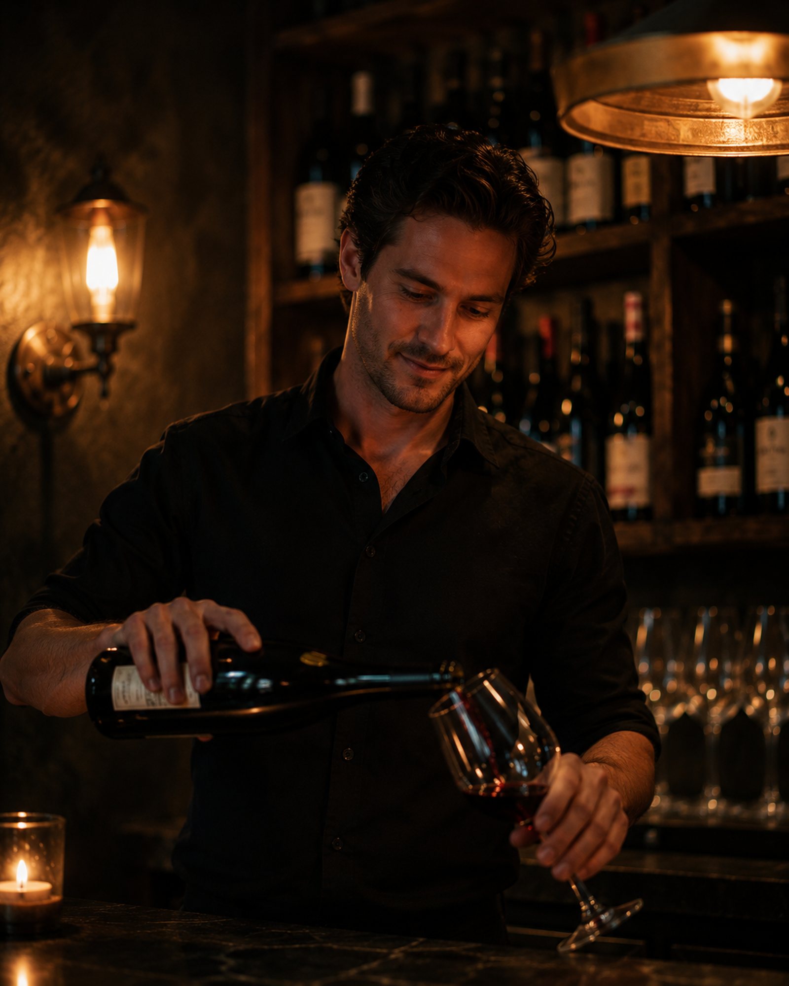 The person behind the bar pouring a glass of red under a warm lamp.