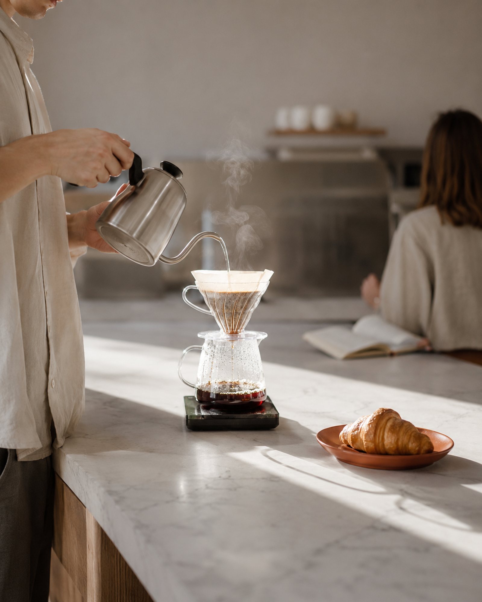 A barista pouring a V60 over a marble counter in morning light.