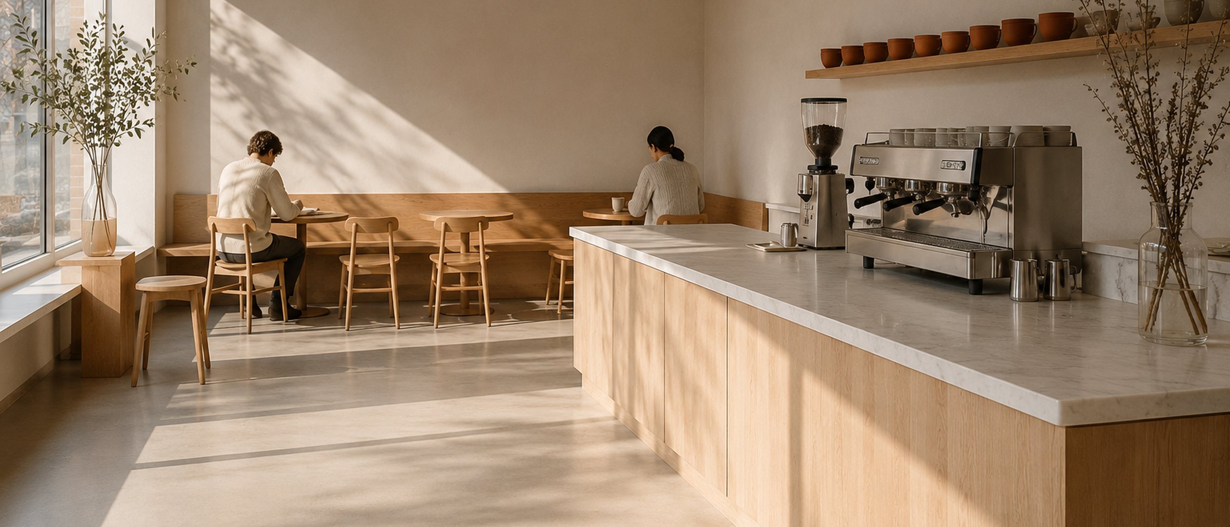 The cafe room in full morning light with marble counter and oak bench.