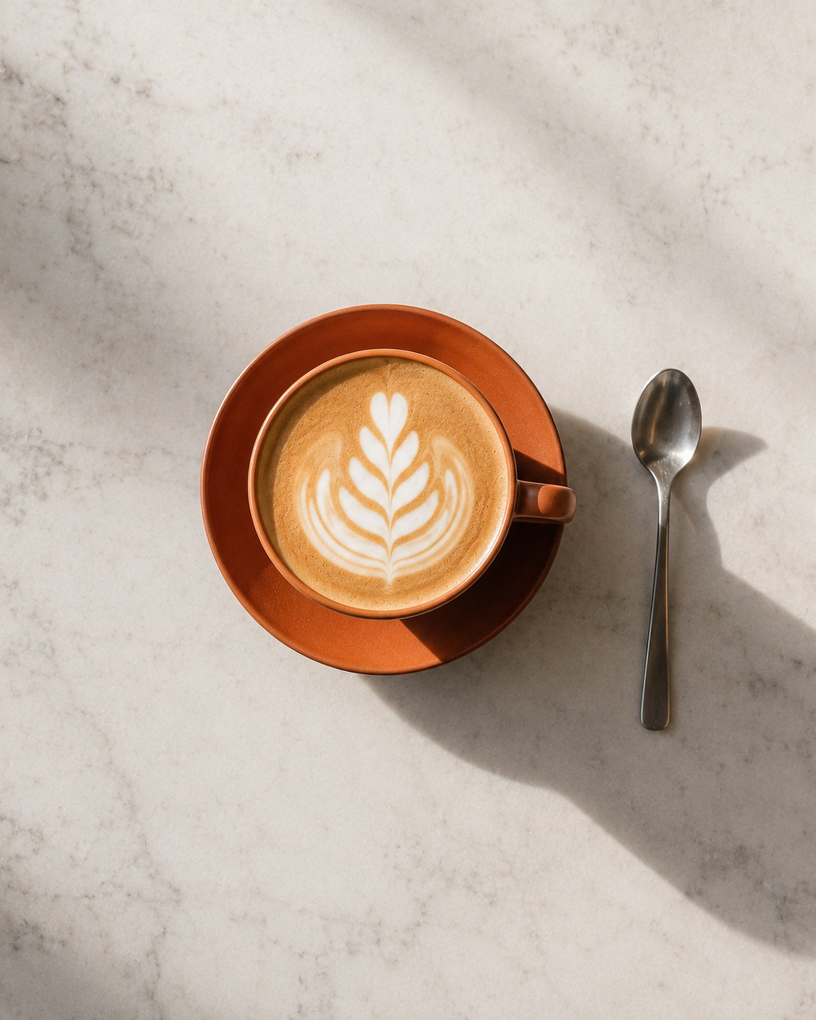 A flat white with latte art on a terracotta saucer, shot from above.