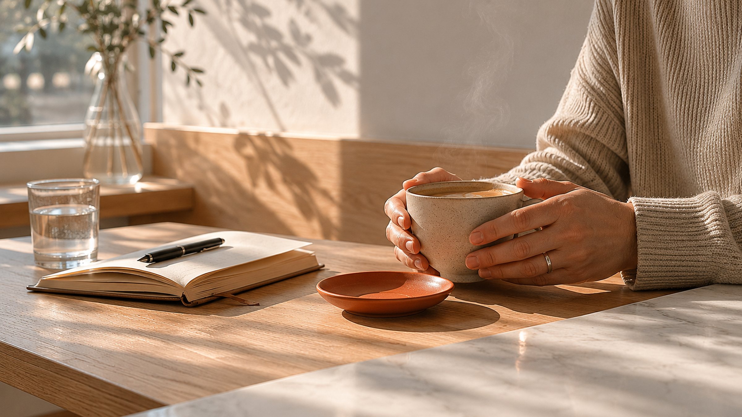 A regular's hands around a cup on the bench with an open notebook.