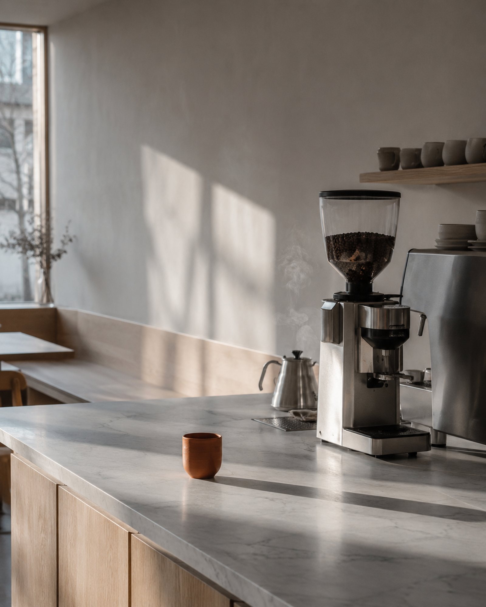 The empty cafe bench and grinder warming up in early morning light.