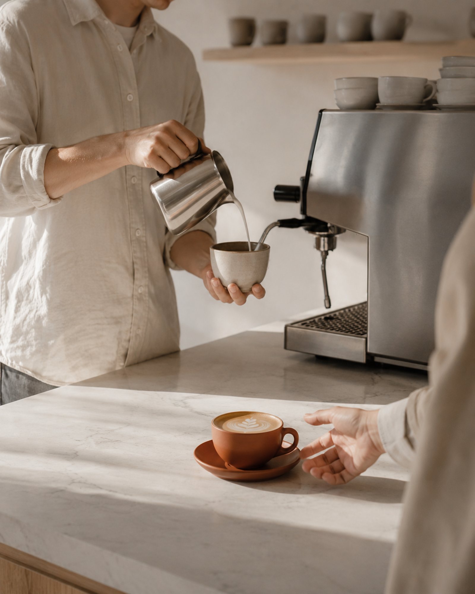 A regular reaching for a flat white as the first coffees are poured.