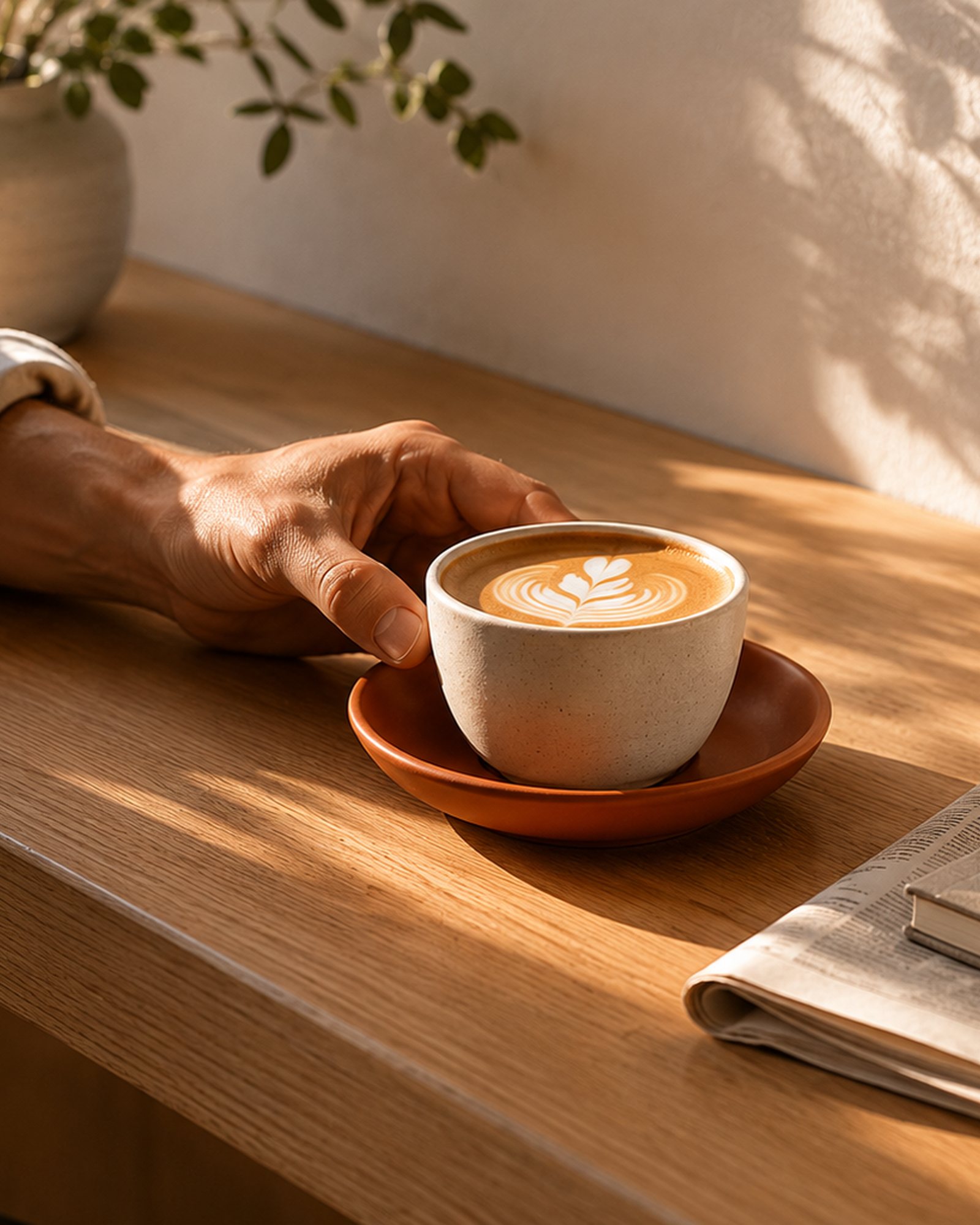 A hand resting on a flat white on the bench seat at golden hour.