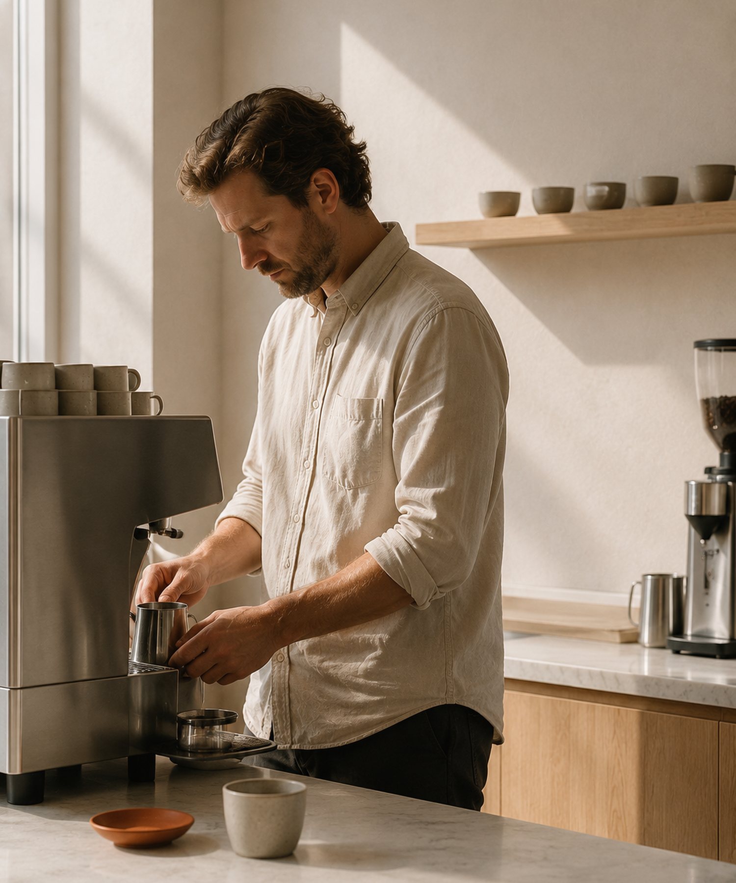 A portrait of the barista steaming milk behind the counter.