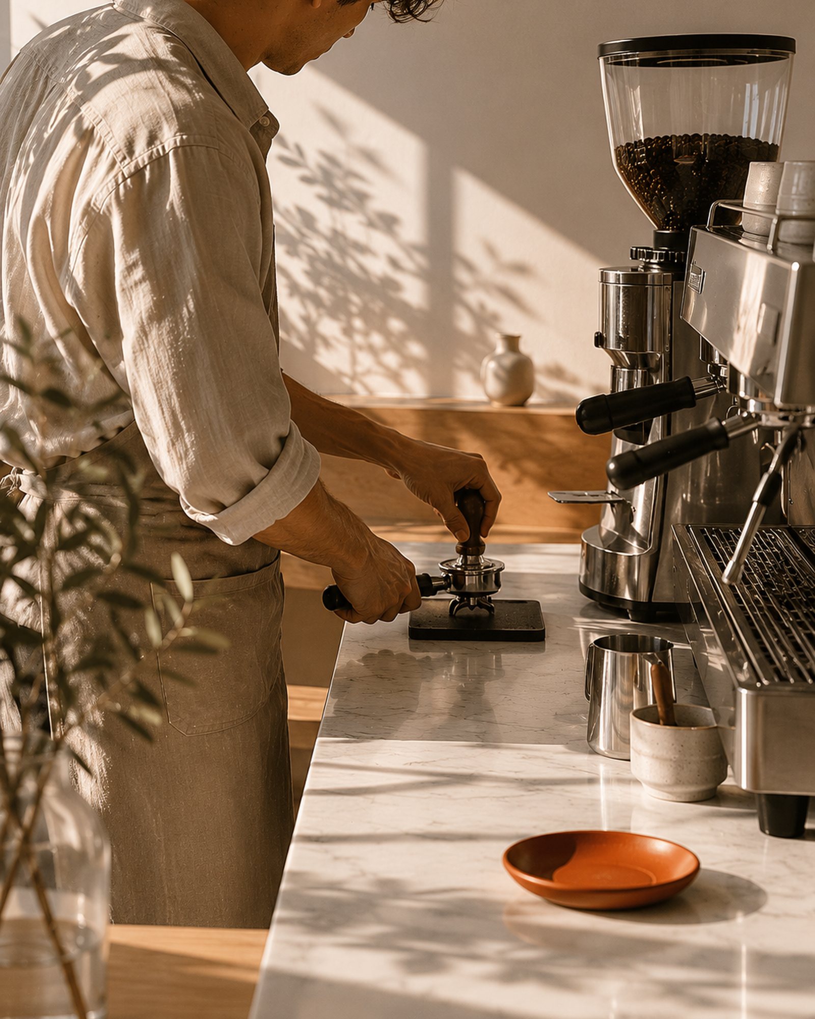 The barista working behind the espresso machine, side-lit.