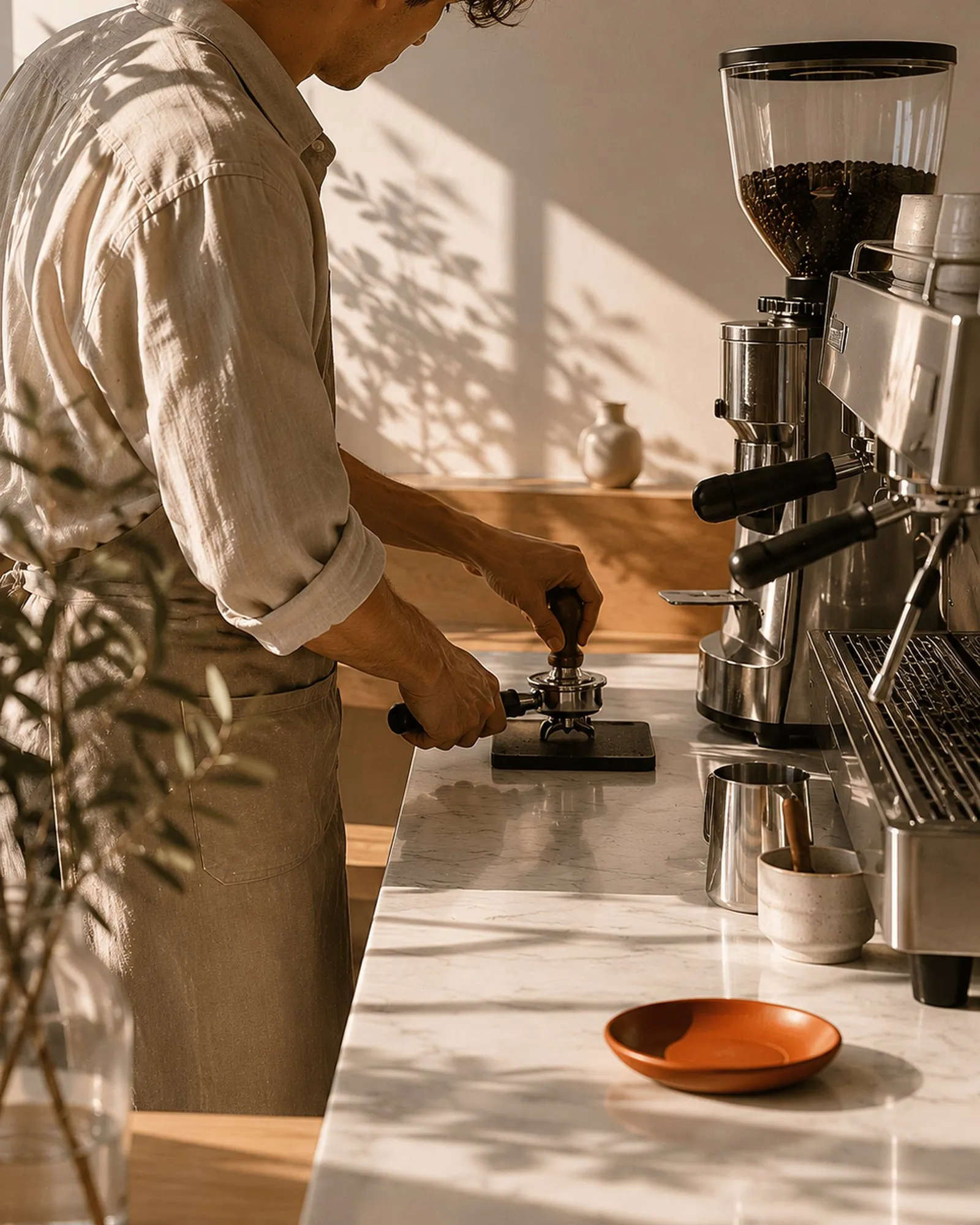 The barista working behind the espresso machine, side-lit.
