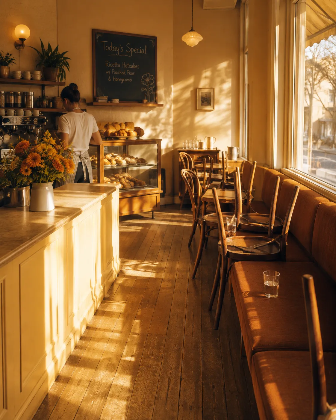 Neighbourhood cafe at 6am just before opening, warm light through the window, chairs coming down from the tables.