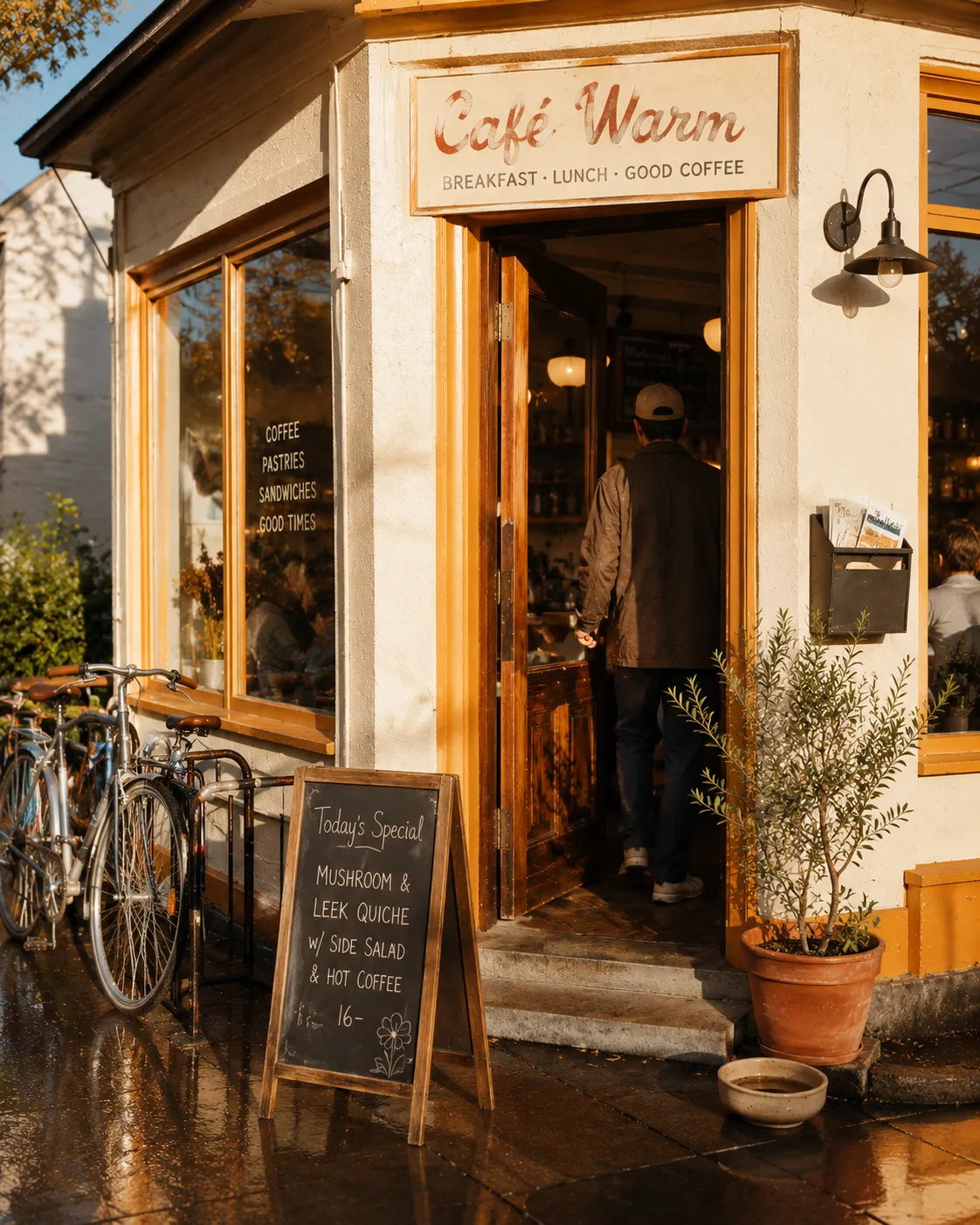 Cafe front door at 8am, chalkboard easel on the footpath, regulars going in, morning sun on cream facade.