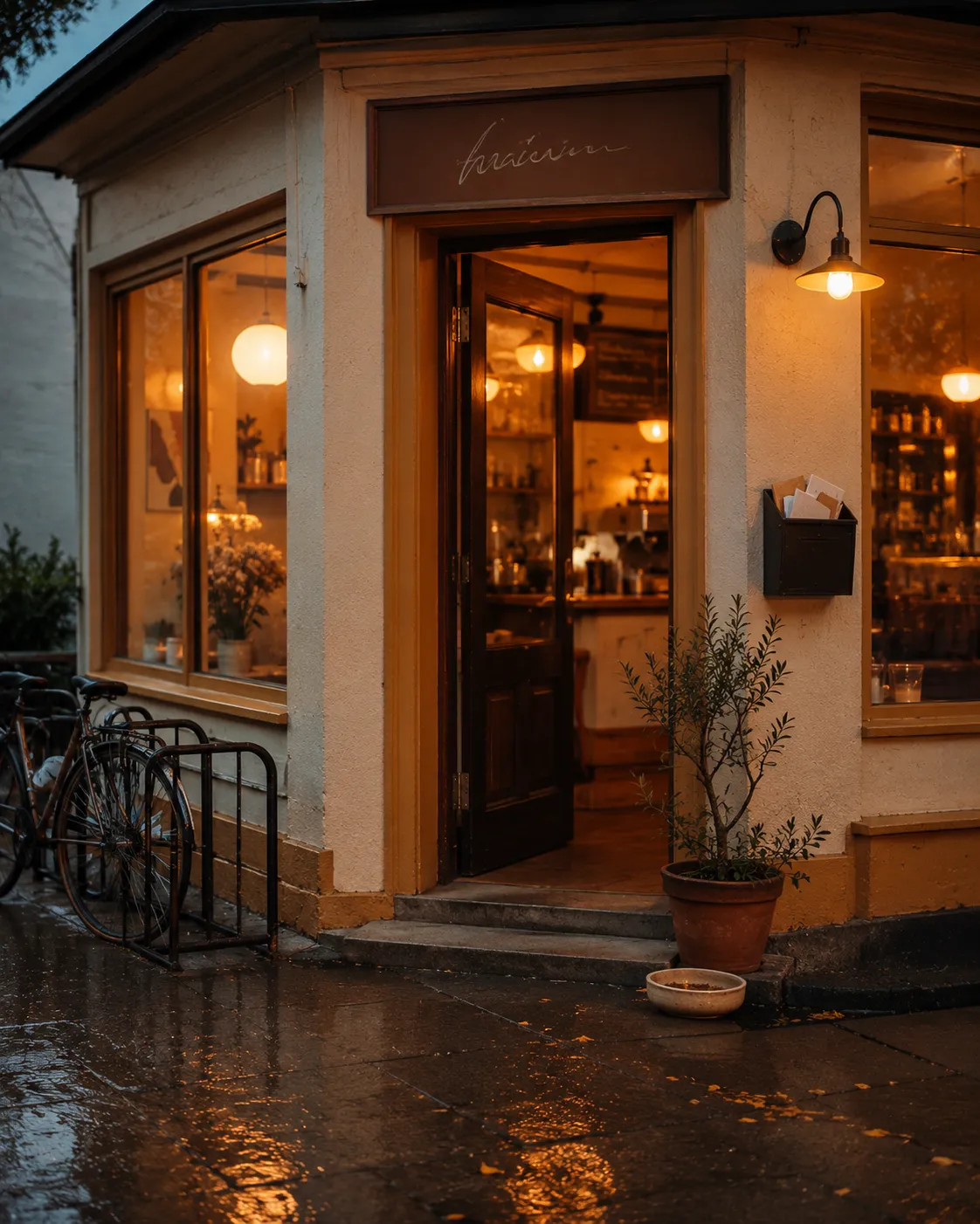 Cafe front door at dawn, soft window glow spilling out, bike rack and ceramic water bowl by the step.