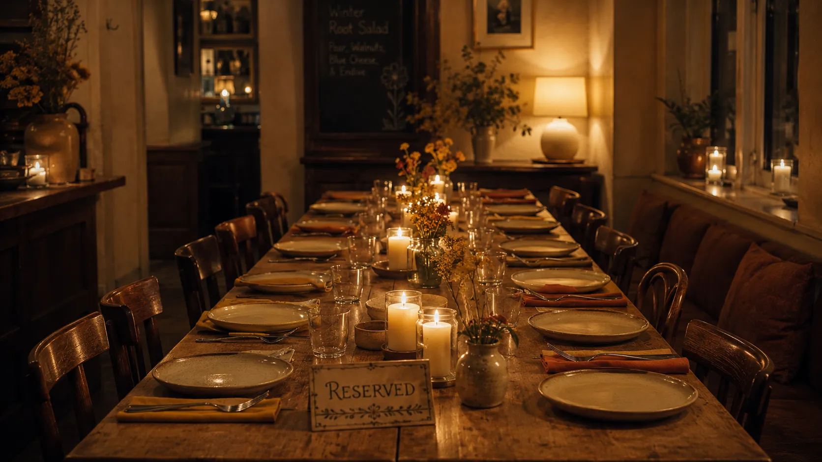 Long communal cafe table set for a group, candles down the centre, mismatched ceramics, warm pumpkin tones.
