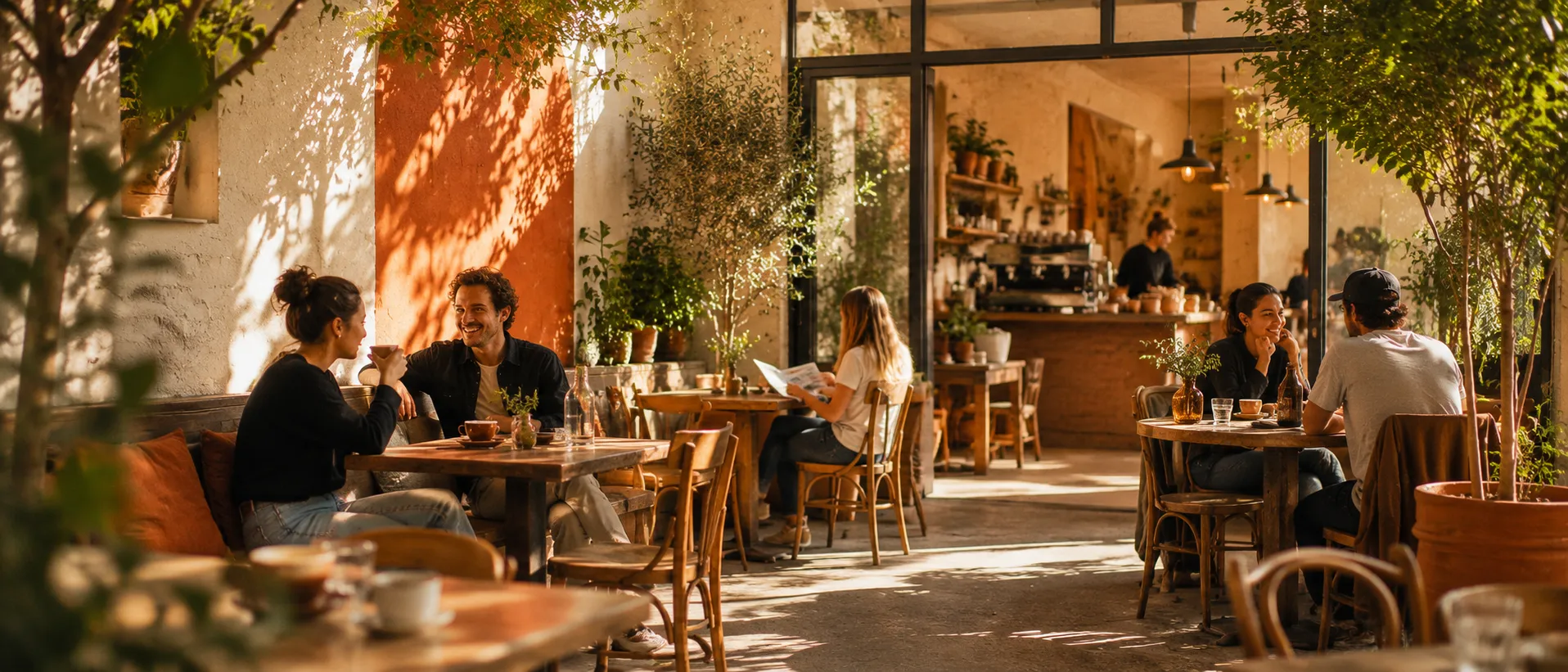 Sunlit cafe courtyard at mid-morning, regulars at timber tables, plants and warm terracotta walls.