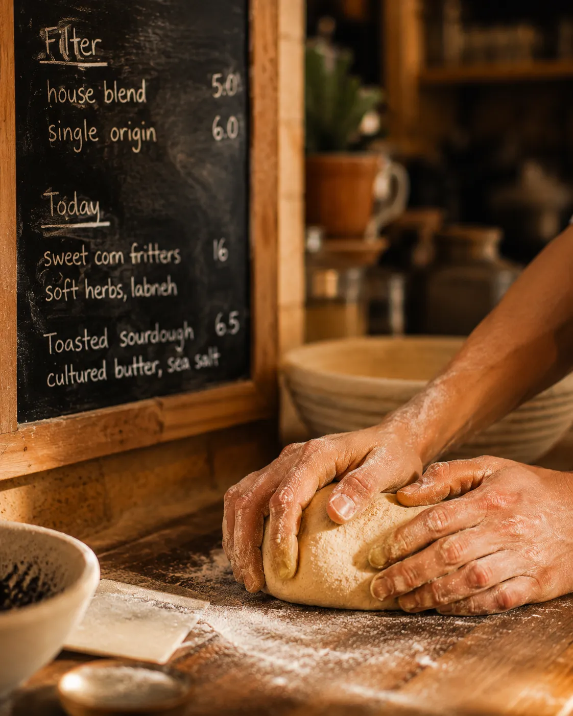 Hands kneading dough on the counter beside a handwritten chalkboard menu, morning prep scene.