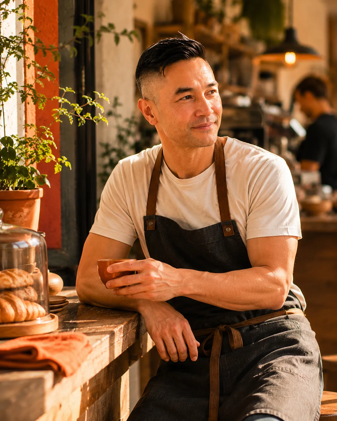 Cafe owner in apron leaning on the counter with a coffee, warm side light and terracotta tones.