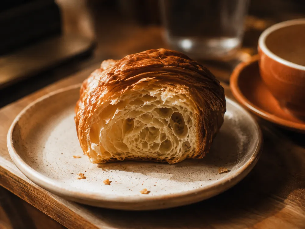 A croissant sliced open to show the flaky laminated crumb, on a warm ceramic plate.