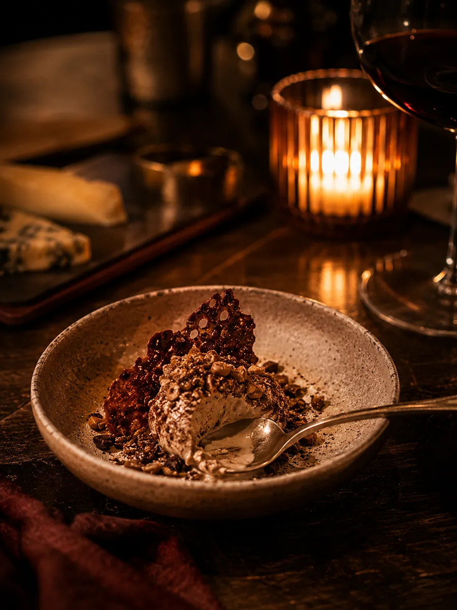 The finish at the table, candle behind, the last course earned