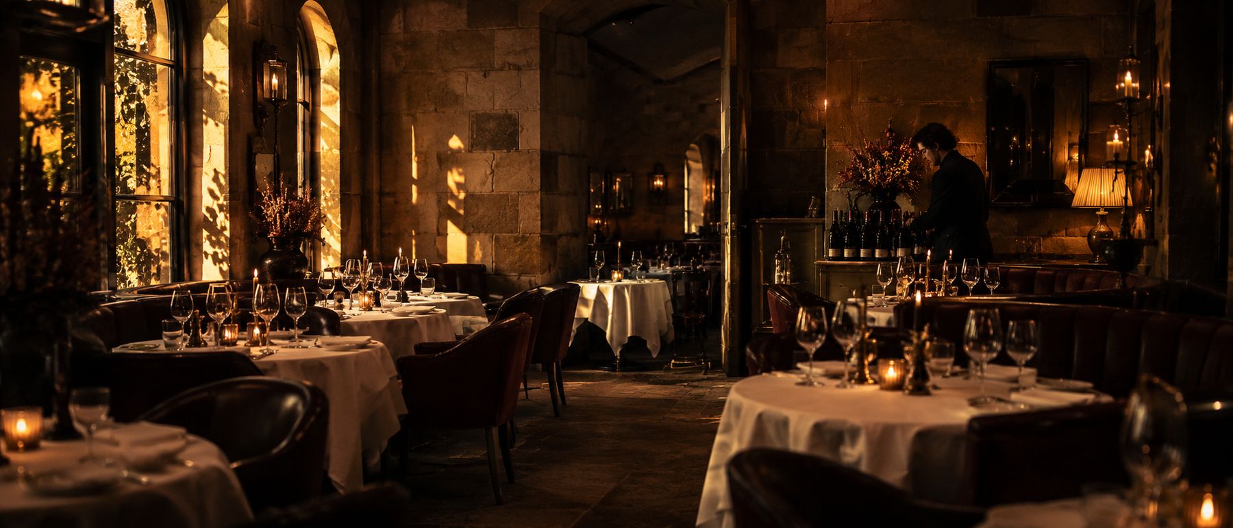 The dining room at golden hour, tables set and candles lit
