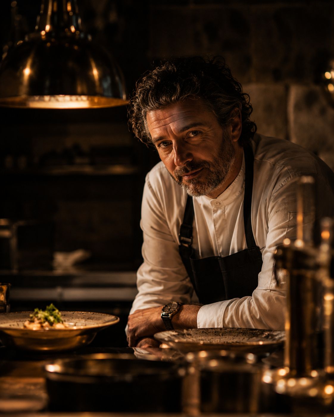 The founder at the pass in warm half-light, brass fittings in frame