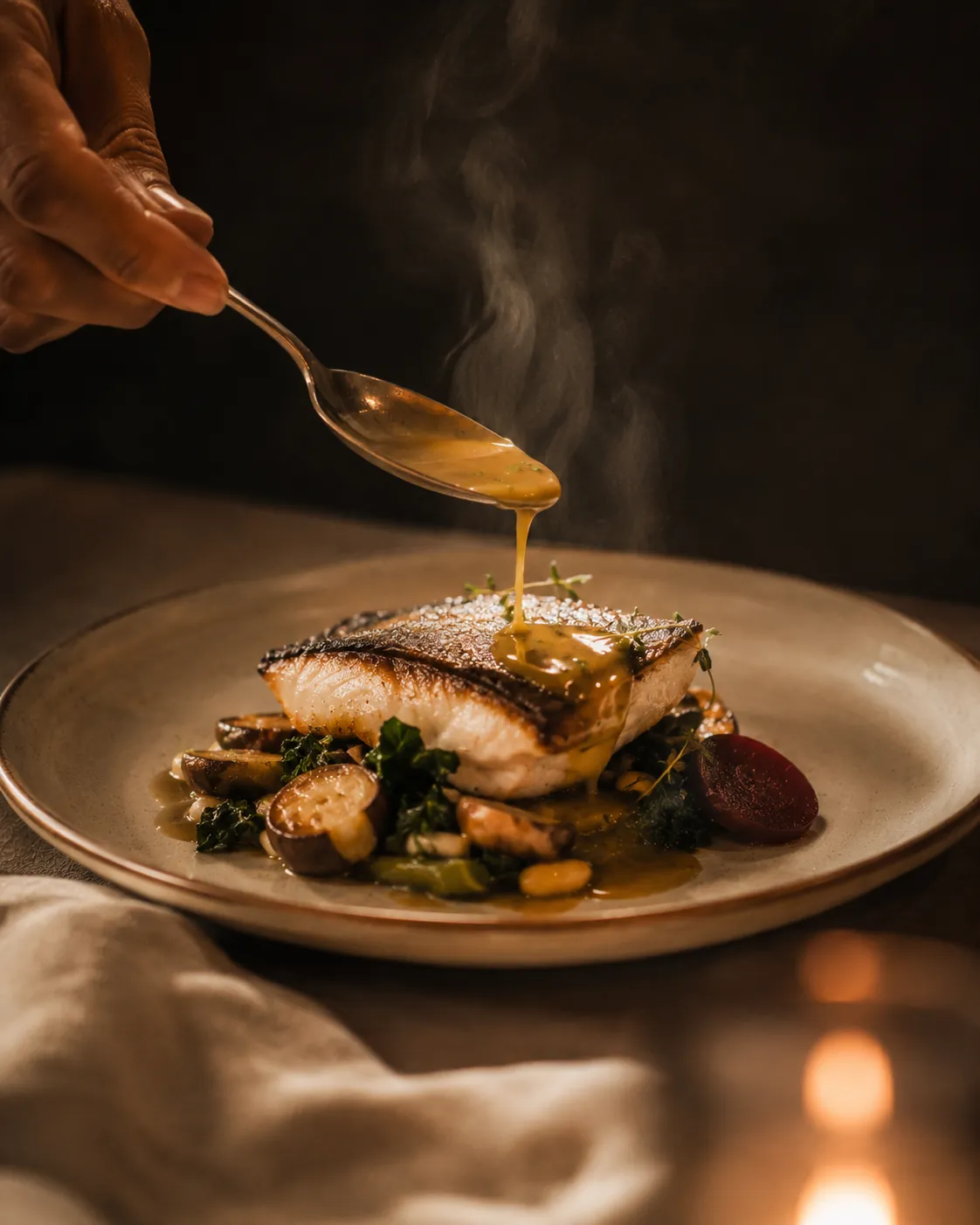 Chef spooning warm sauce over pan-seared fish, candle bokeh in the background