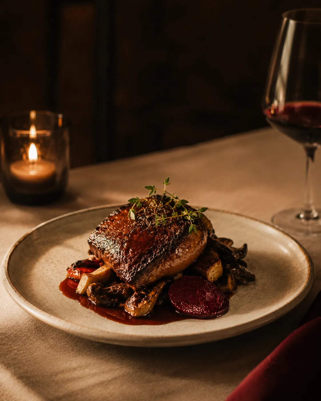Glazed duck with roasted beets and thyme on a ceramic plate, candlelight and red wine beside