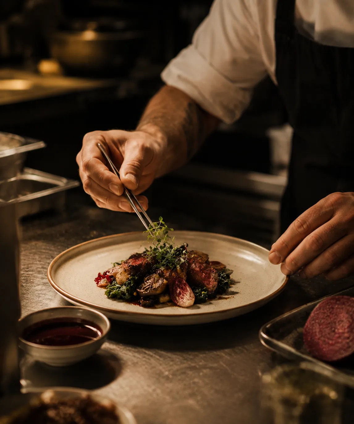 Chef's hands plating a dish with tweezers at the pass, warm kitchen light behind