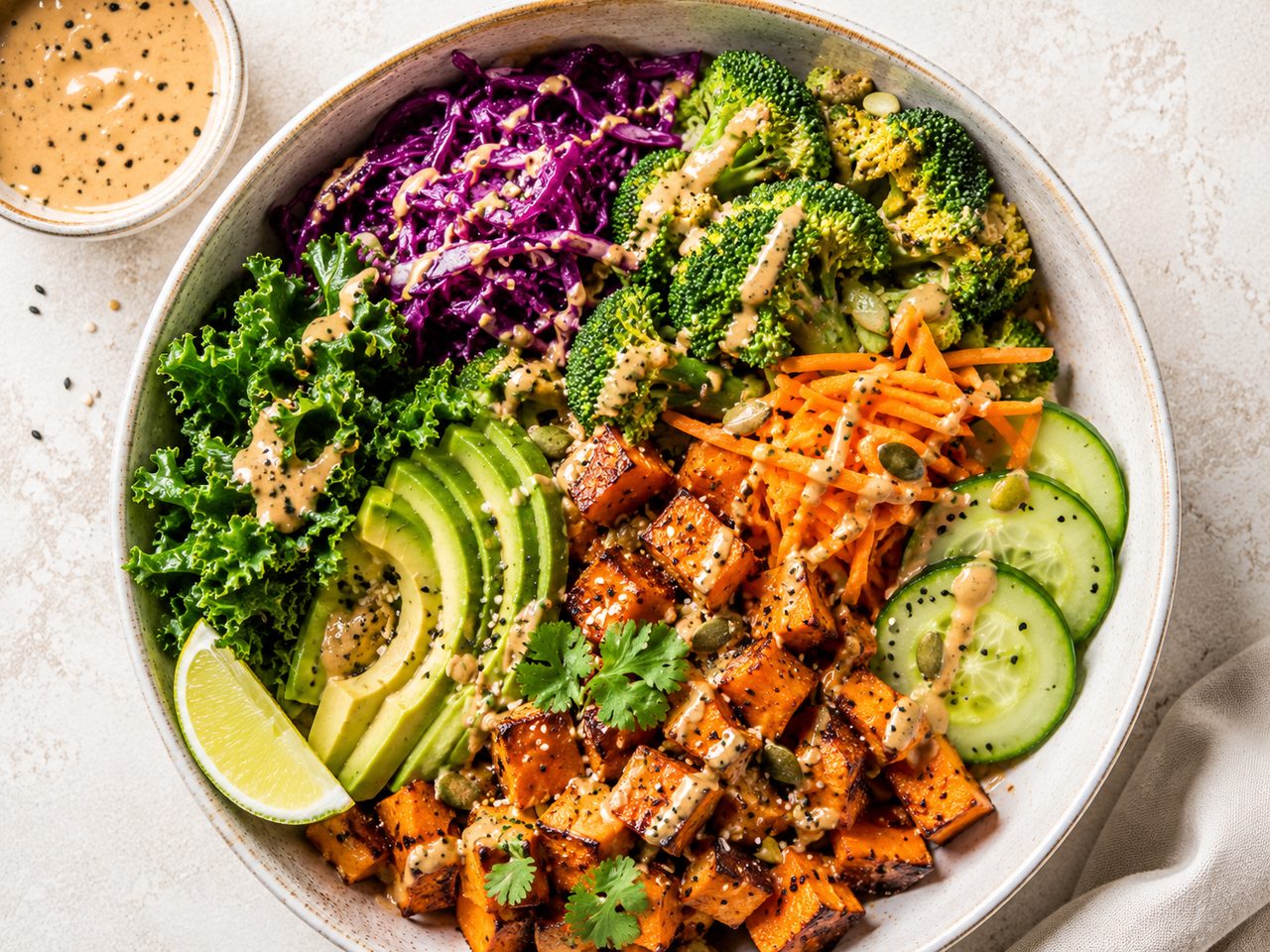 A bright vegetable-forward bowl.