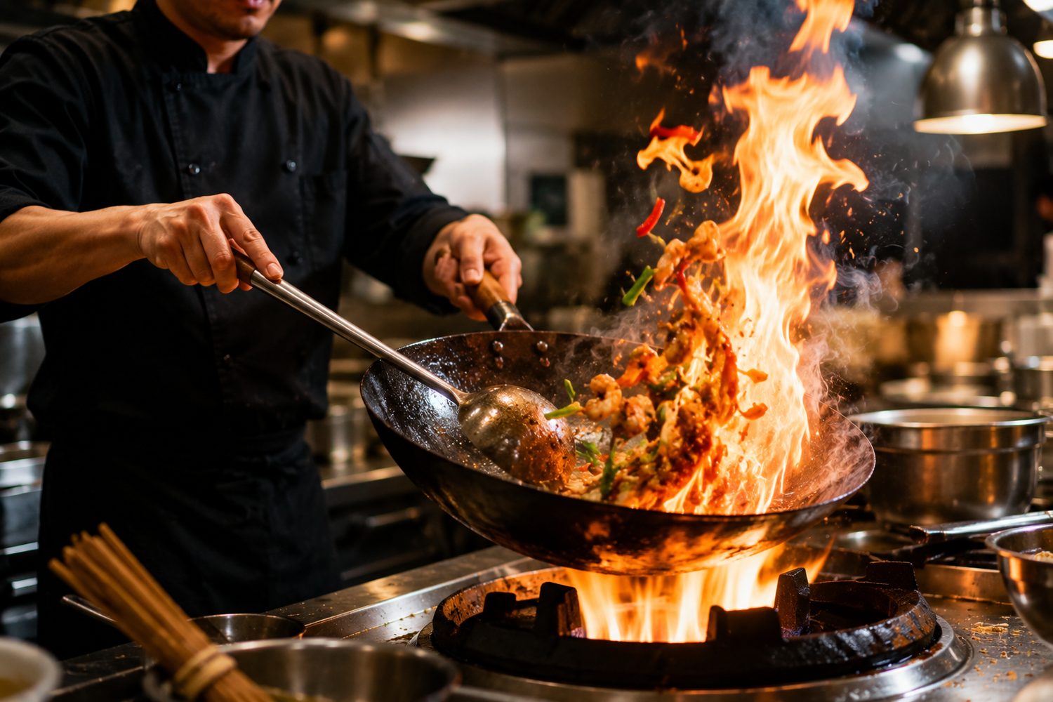 A chef tossing a wok over open flames.