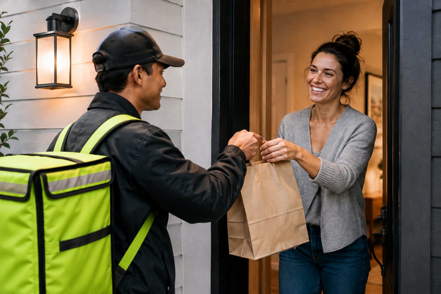 A delivery driver handing a bag to a customer at the door.